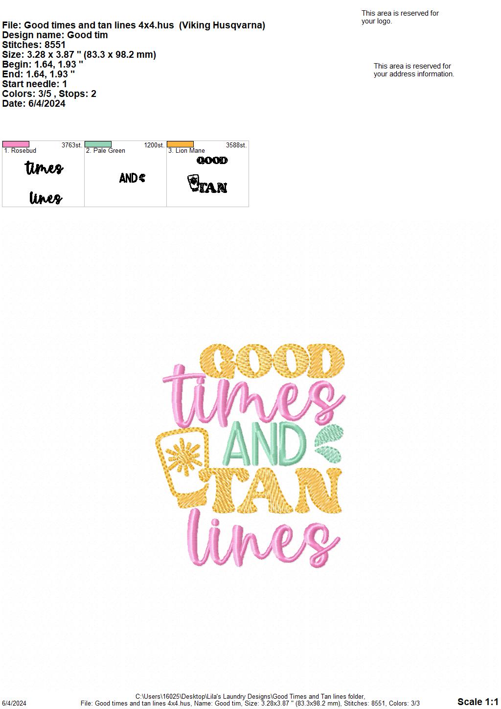 Good Times and Tan Line - 4 Sizes - Digital Embroidery Design