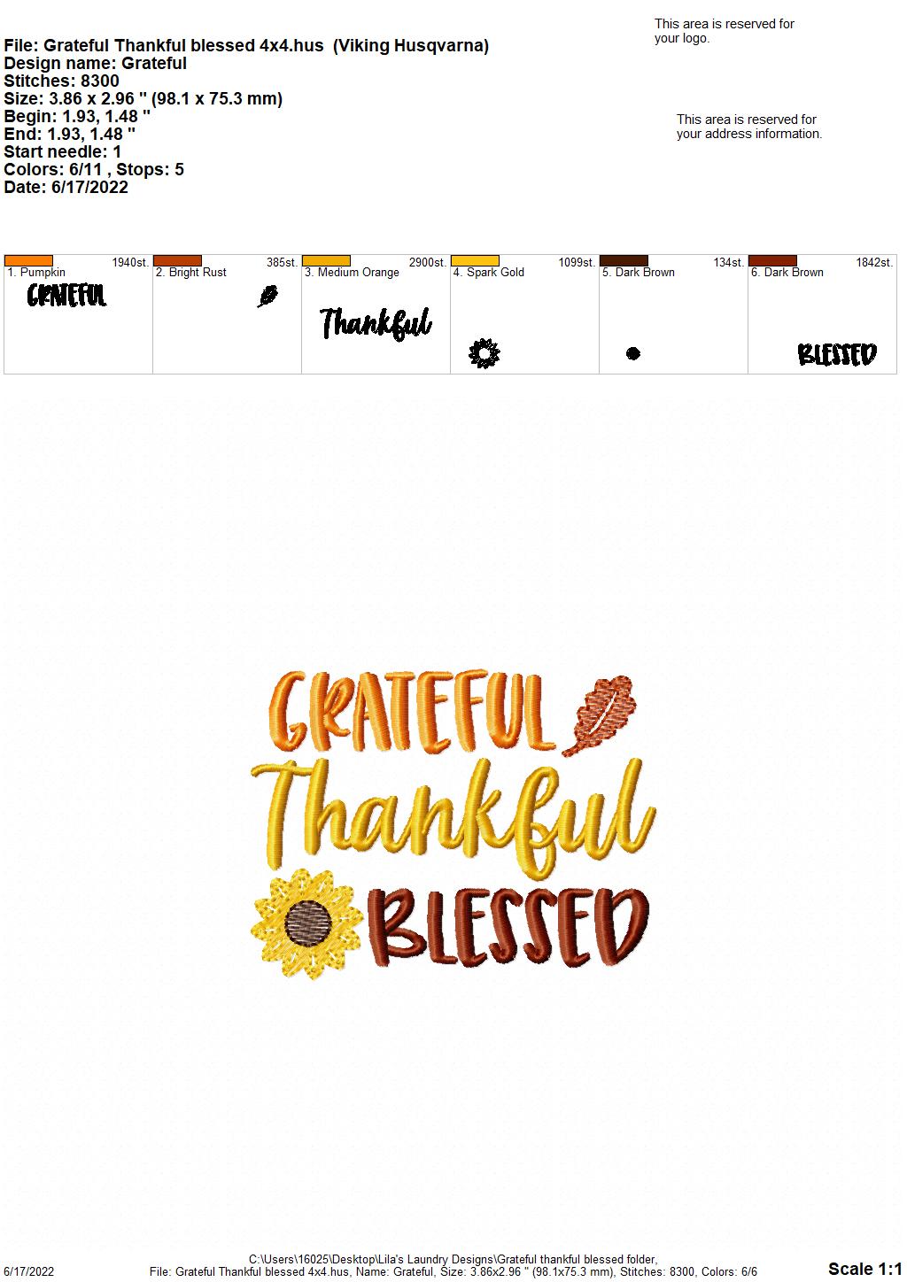 Grateful Thankful Blessed - 3 sizes- Digital Embroidery Design