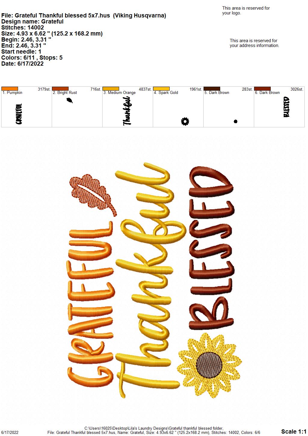 Grateful Thankful Blessed - 3 sizes- Digital Embroidery Design
