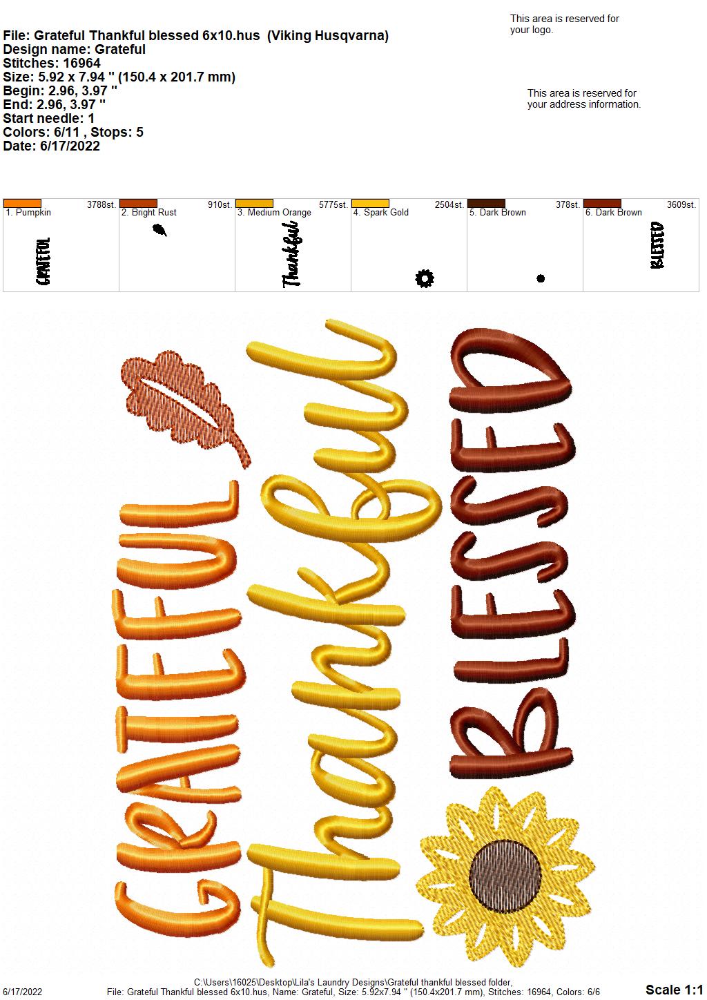 Grateful Thankful Blessed - 3 sizes- Digital Embroidery Design