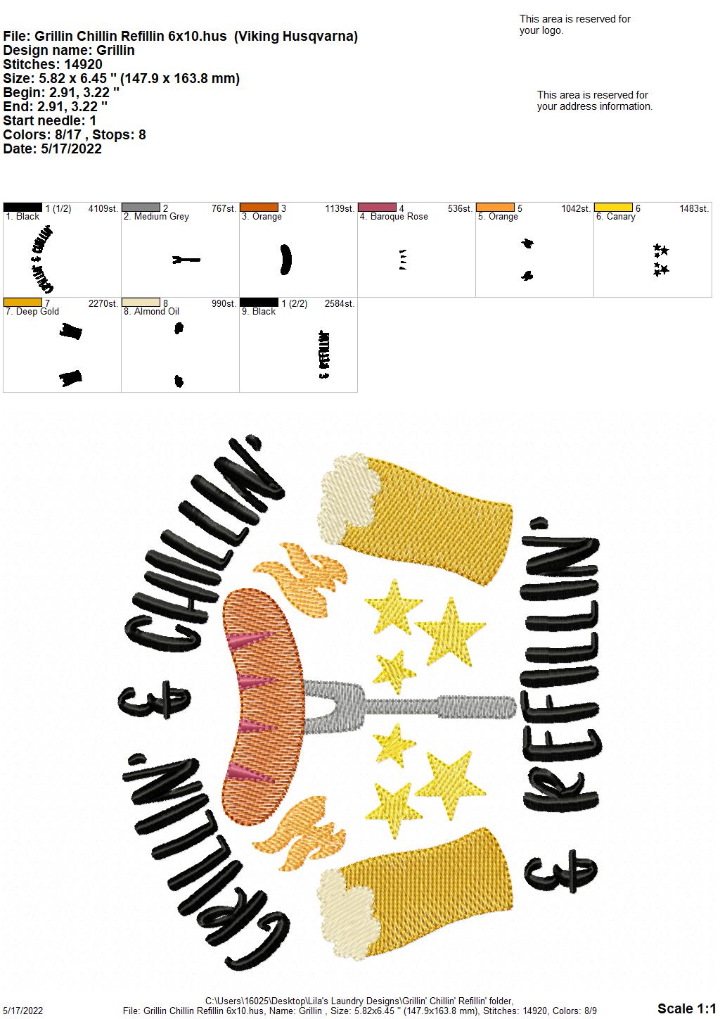 Grillin' Chillin' Refillin' - 3 sizes- Digital Embroidery Design