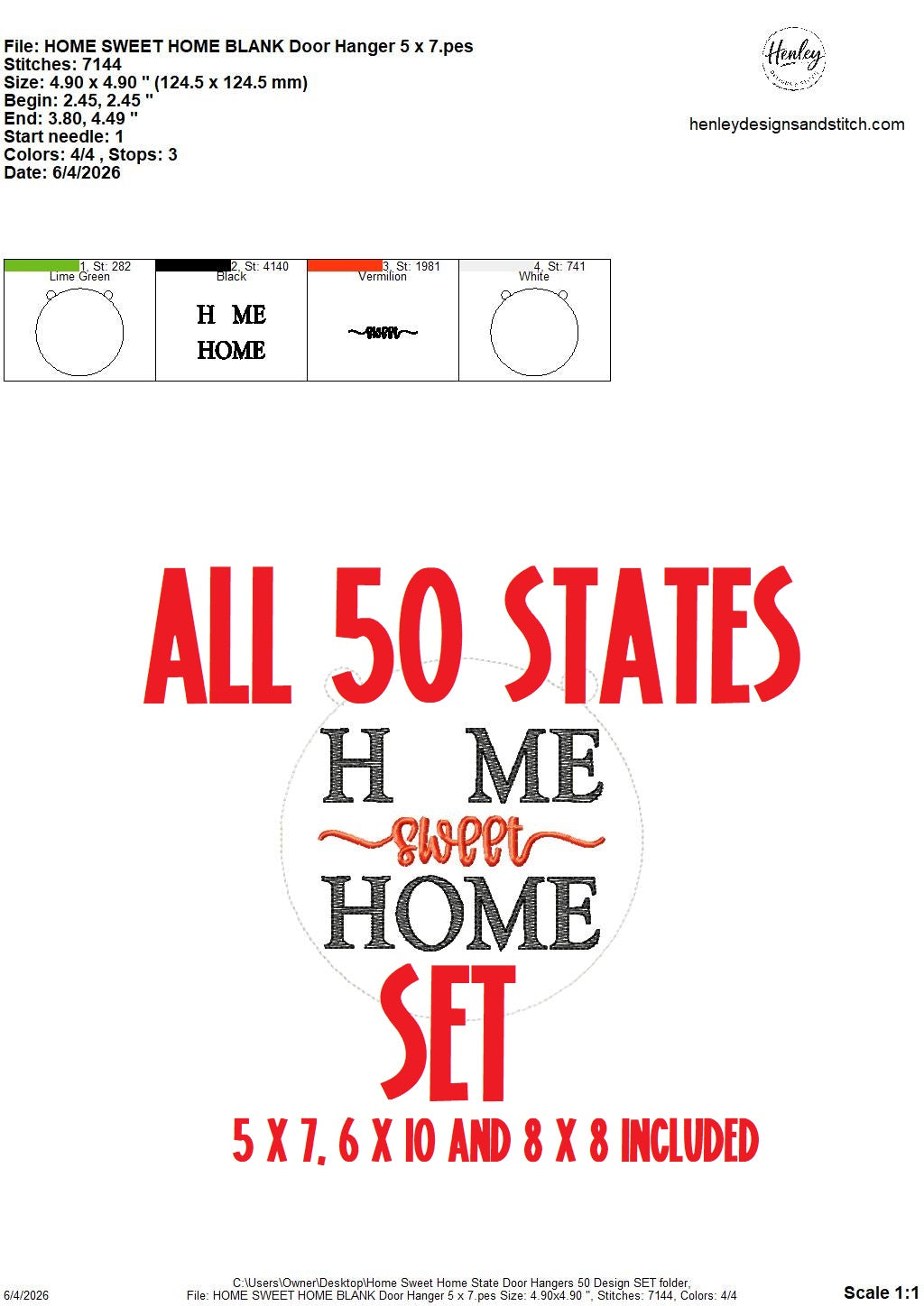 Home Sweet Home - STATE - DOOR HANGER SET - INCLUDES ALL 50 Designs - 5 x 7, 8 x 8, and 6 x 10 In The Hoop - DIGITAL Embroidery DESIGN