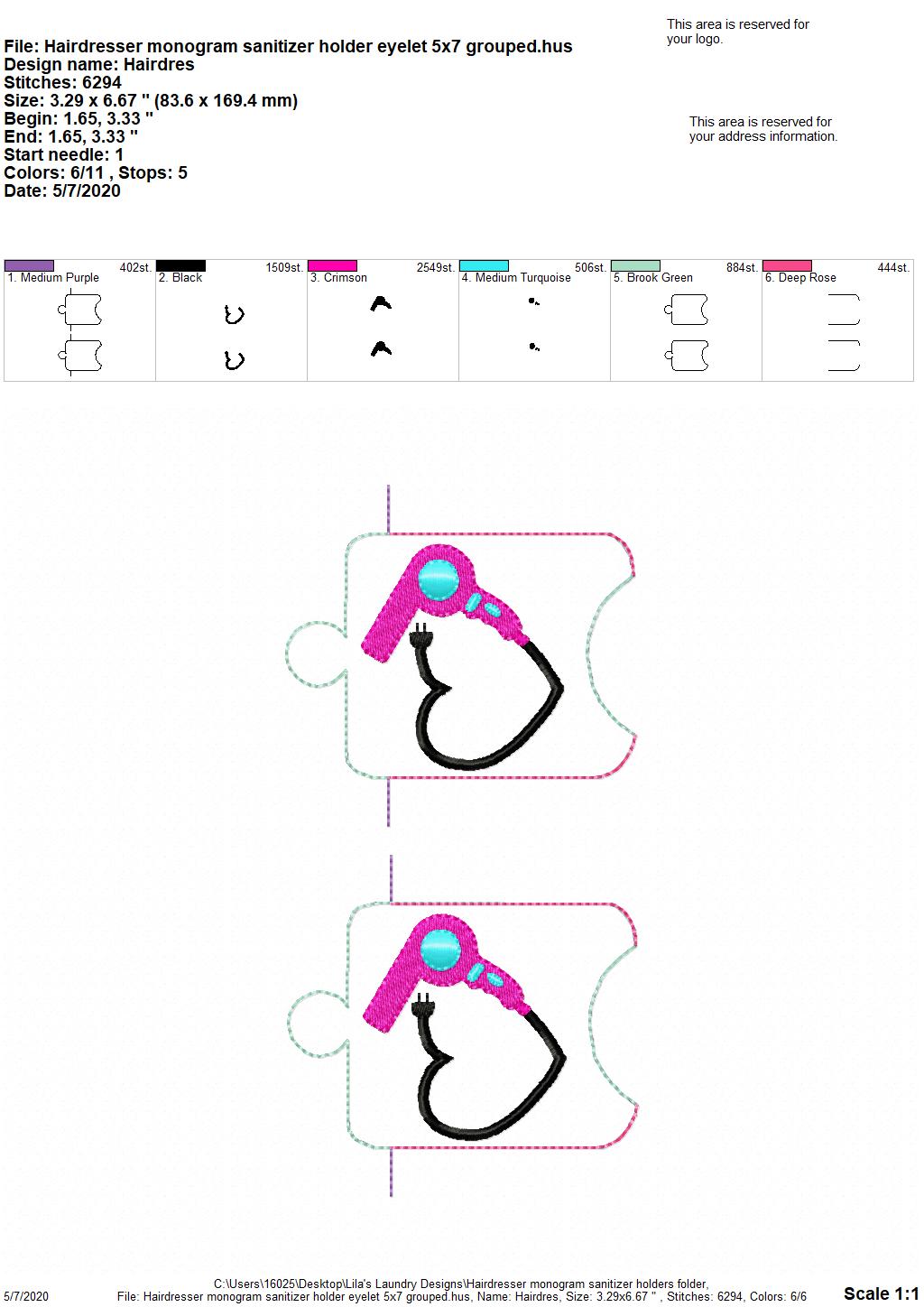 Hairdresser monogram Sanitizer Holders - DIGITAL Embroidery DESIGN