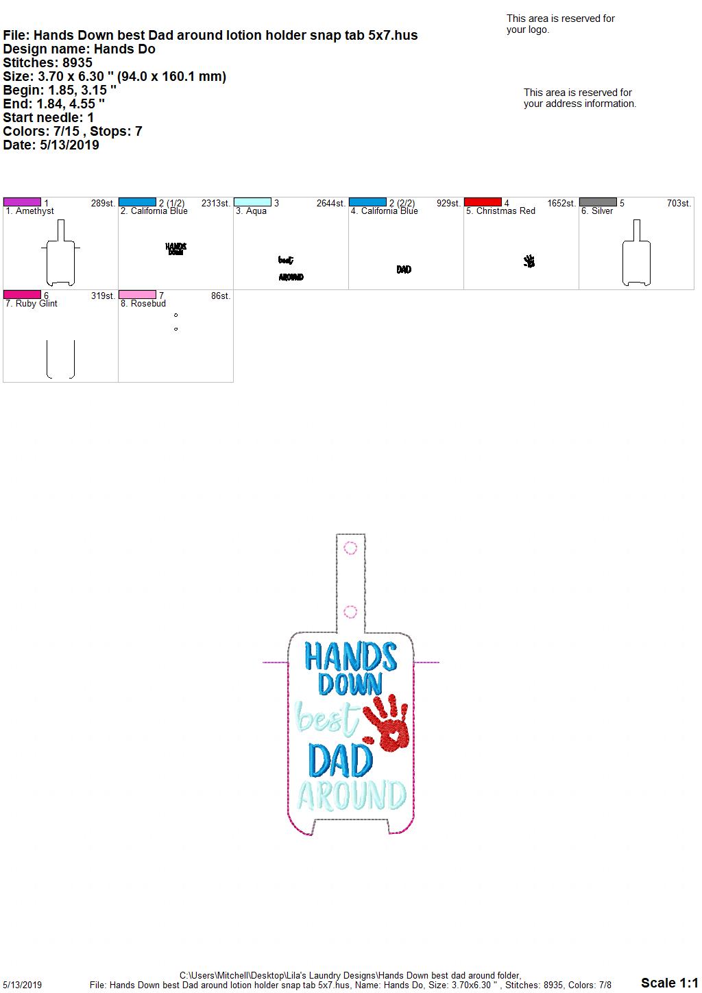Hands Down Best Dad Around Lotion Holders 5x7 included- DIGITAL Embroidery DESIGN