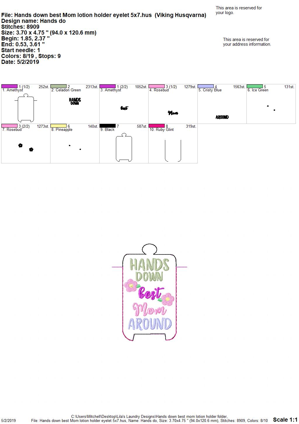 Hands Down Best Mom Lotion Holders 5x7 included- DIGITAL Embroidery DESIGN