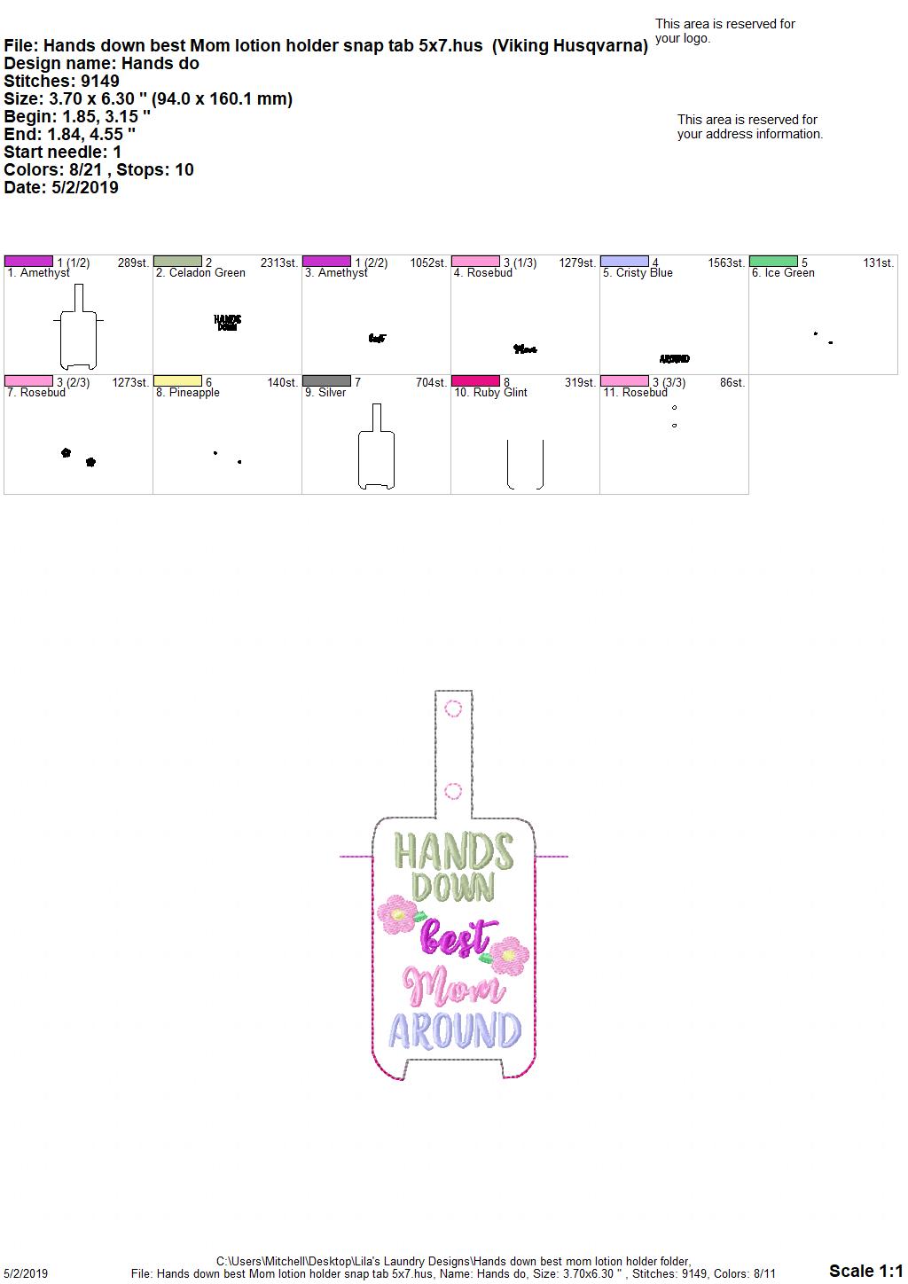 Hands Down Best Mom Lotion Holders 5x7 included- DIGITAL Embroidery DESIGN