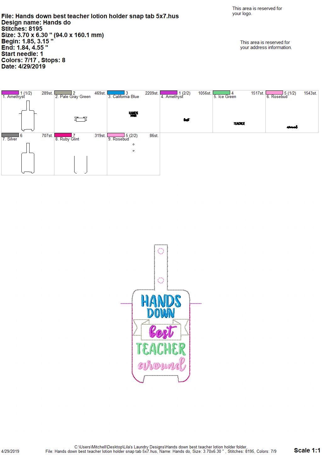 Hands Down Best Teacher Lotion Holders 5x7 included- DIGITAL Embroidery DESIGN