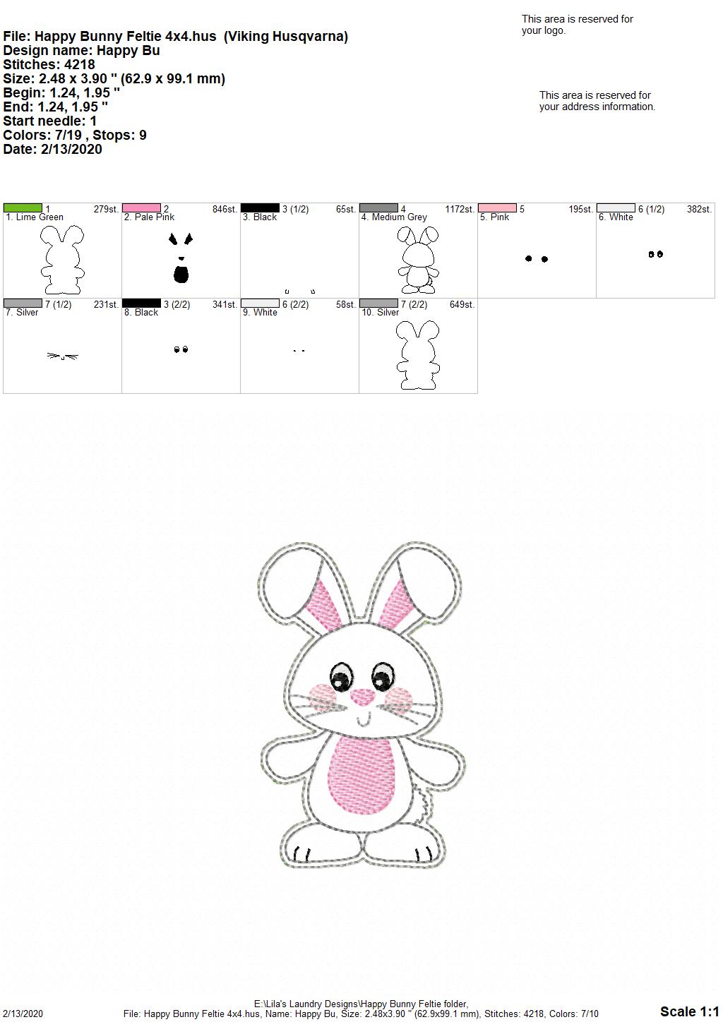 Happy Bunny Felties - 5 sizes - Digital Embroidery Design