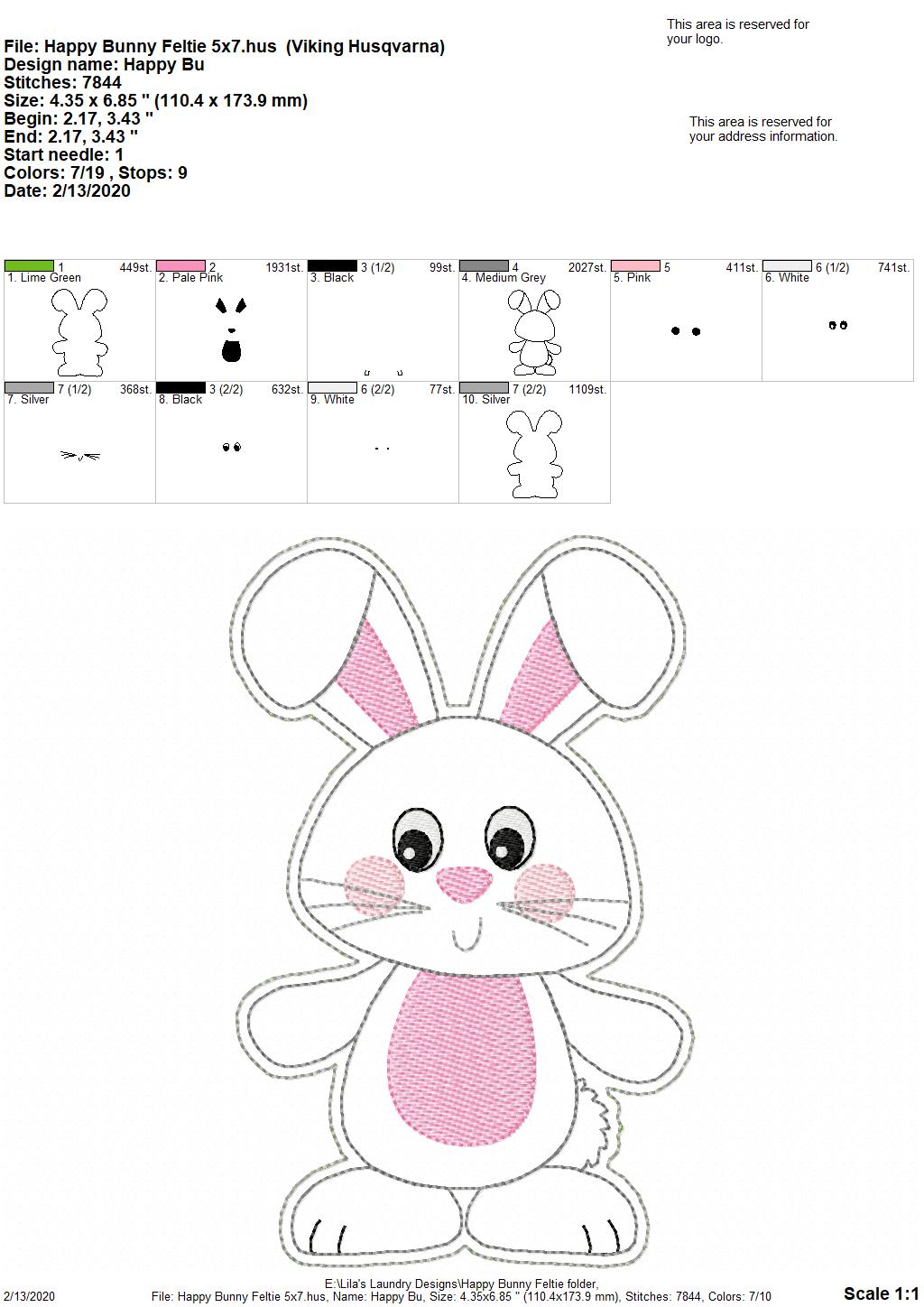 Happy Bunny Felties - 5 sizes - Digital Embroidery Design