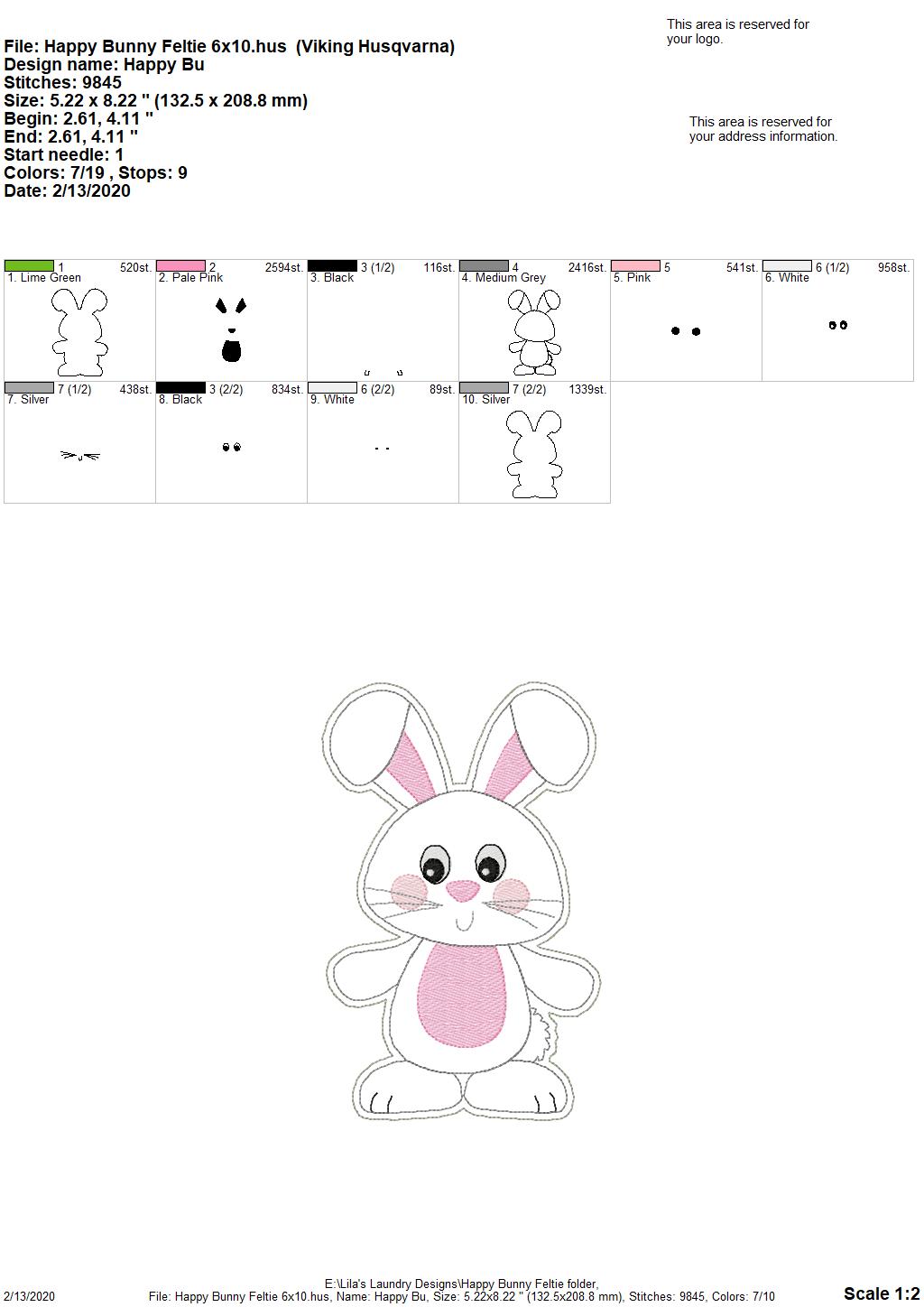 Happy Bunny Felties - 5 sizes - Digital Embroidery Design