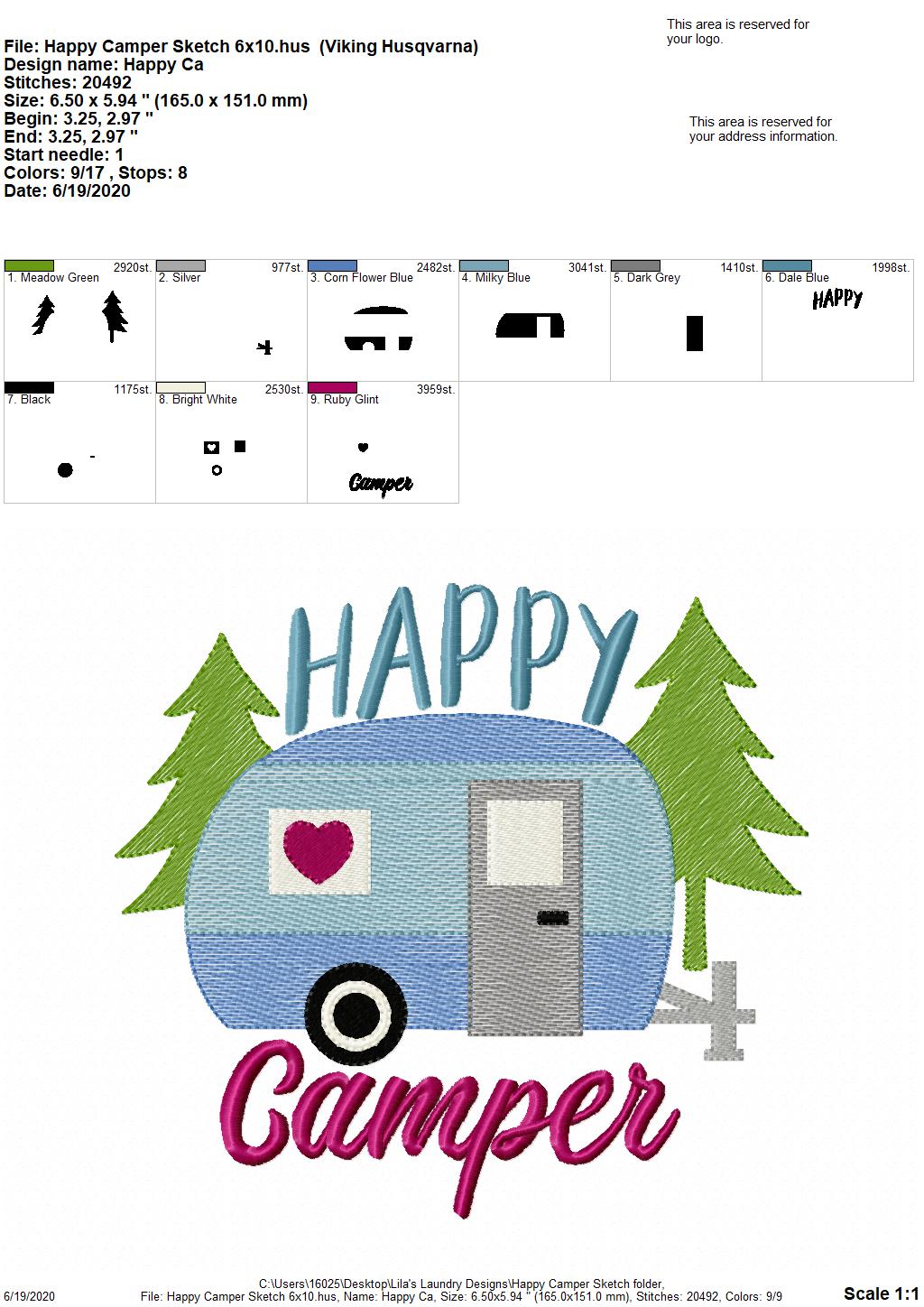 Happy Camper Sketch - 4 Sizes - Digital Embroidery Design