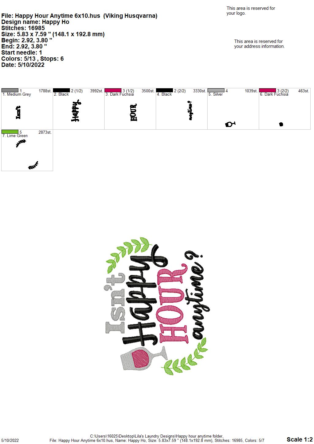 Happy Hour Anytime - 3 sizes- Digital Embroidery Design