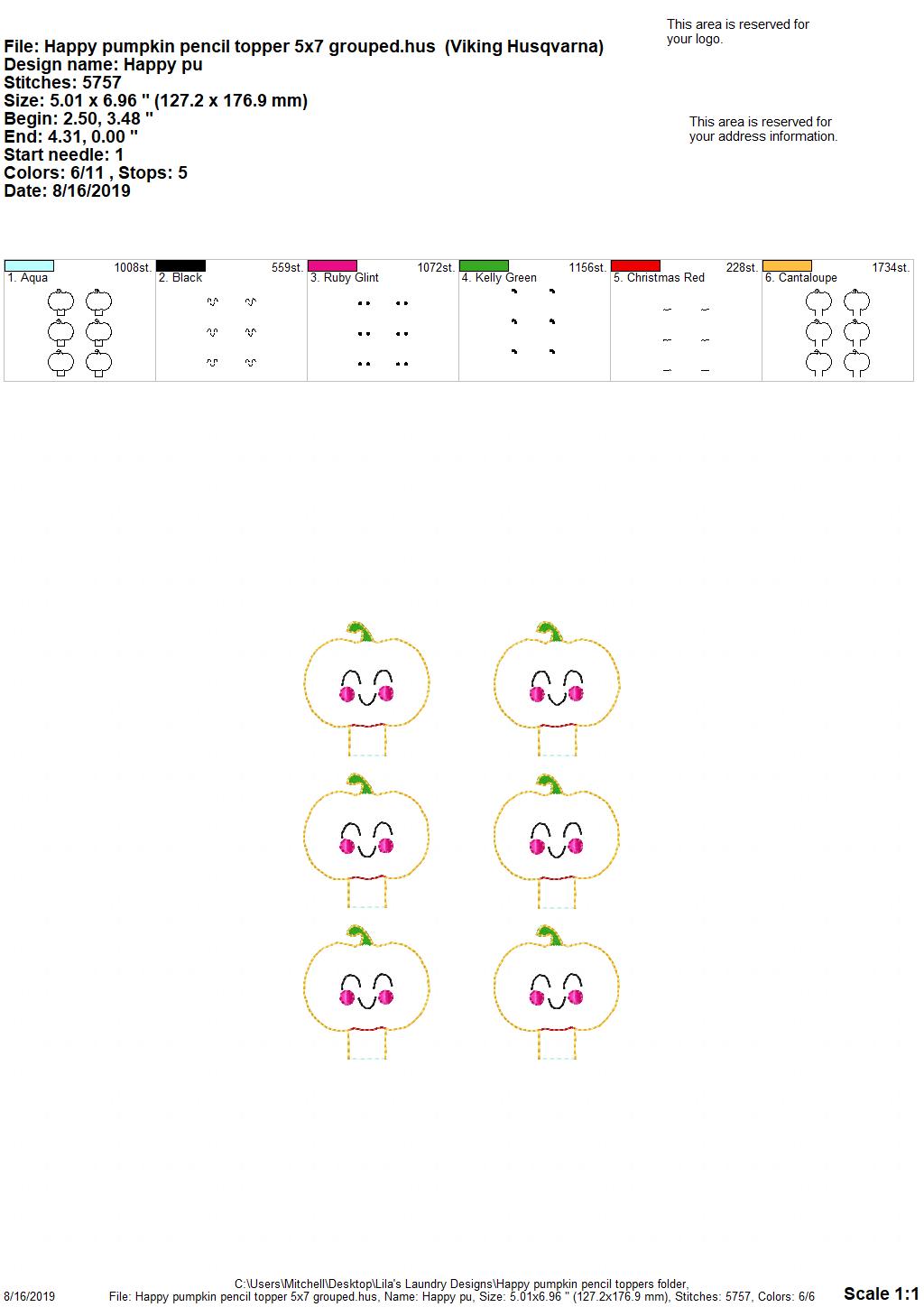 Happy Pumpkin Pencil Toppers - DIGITAL Embroidery DESIGN