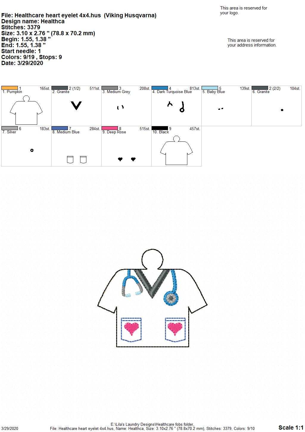 Healthcare Heart Tab and eyelet Fobs - DIGITAL Embroidery DESIGN