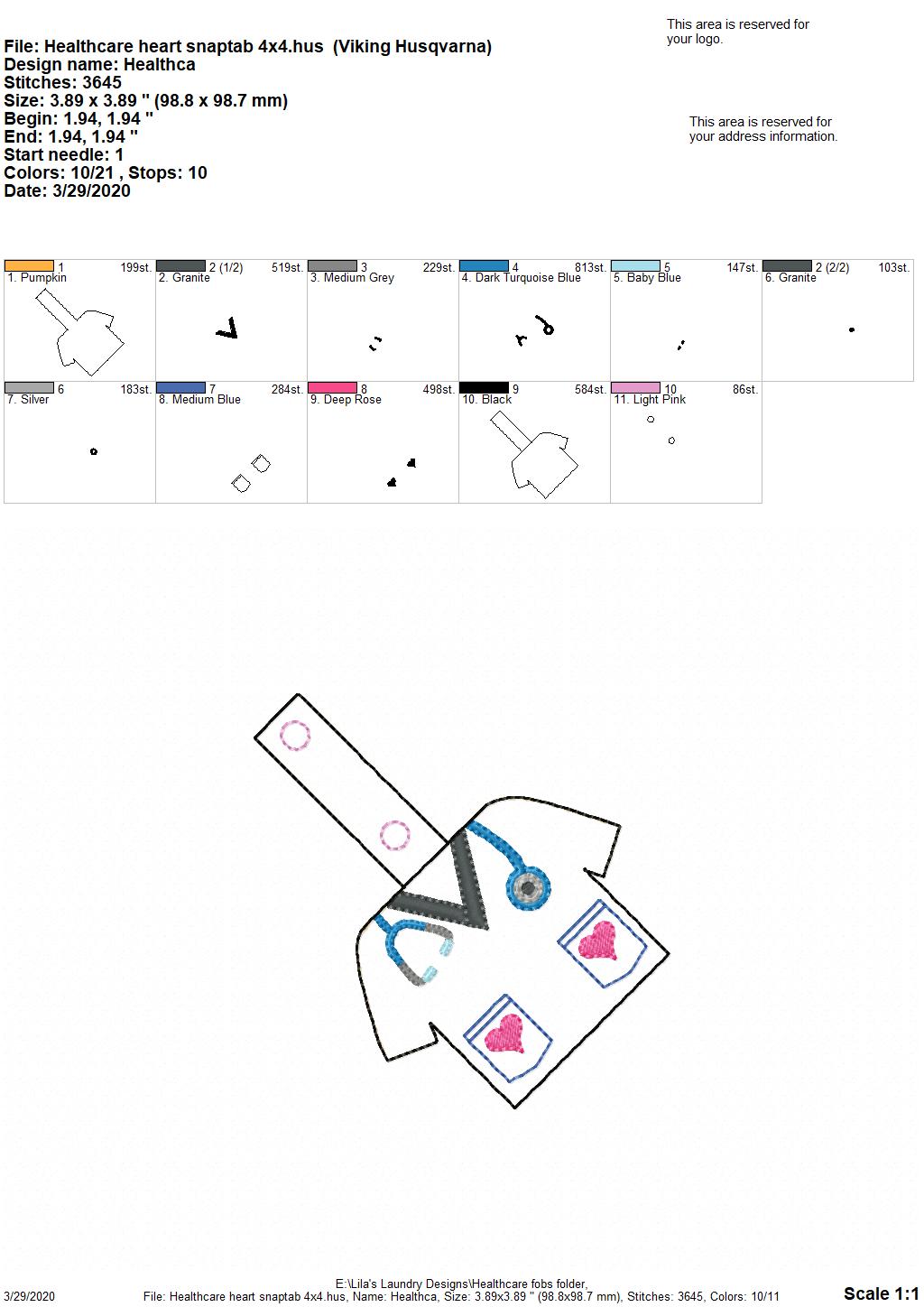 Healthcare Heart Tab and eyelet Fobs - DIGITAL Embroidery DESIGN