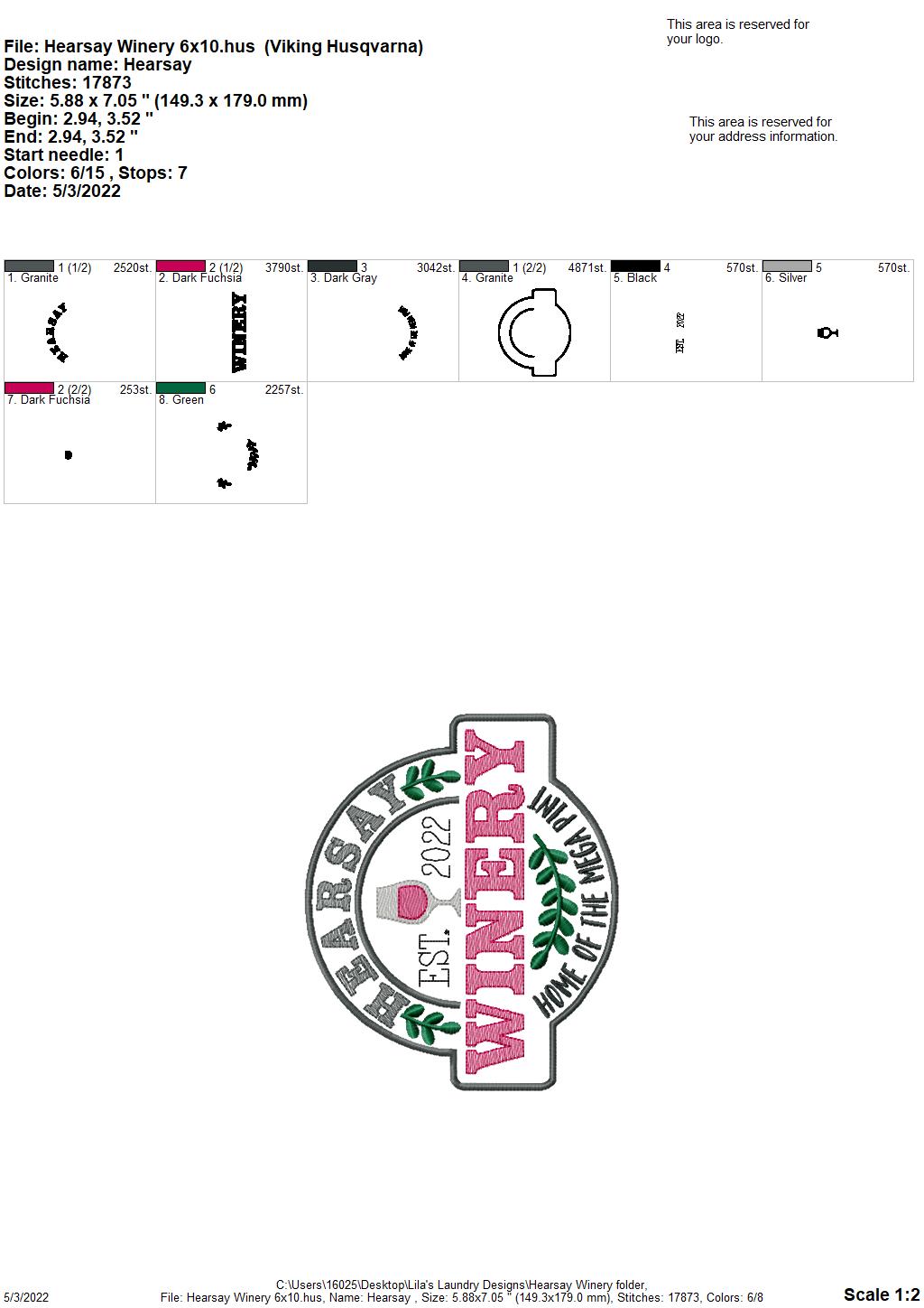 Hearsay Winery - 3 sizes- Digital Embroidery Design