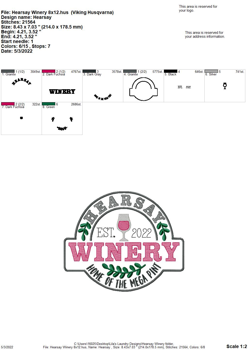 Hearsay Winery - 3 sizes- Digital Embroidery Design