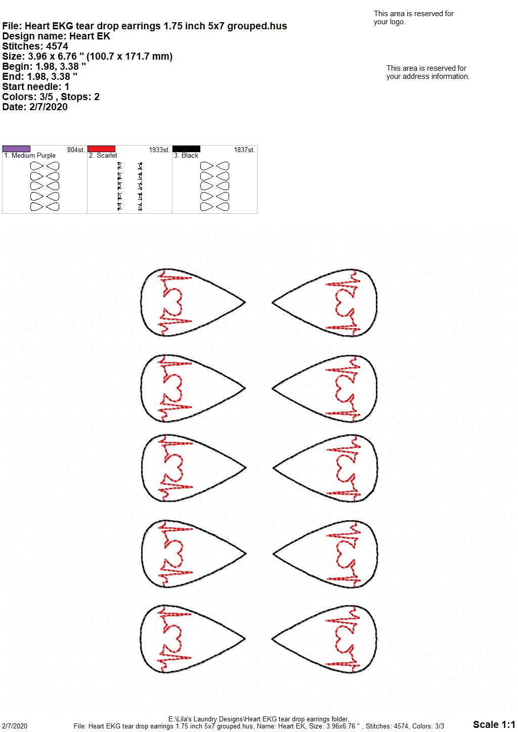 Heart EKG Tear Drop Earrings - 3 sizes - Digital Embroidery Design