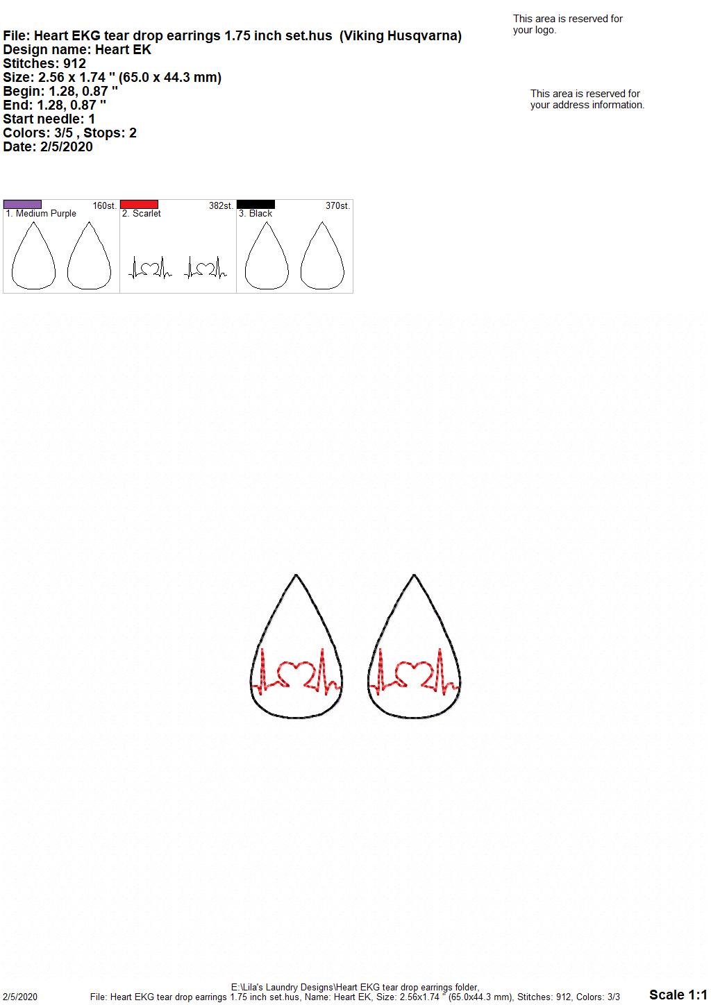 Heart EKG Tear Drop Earrings - 3 sizes - Digital Embroidery Design