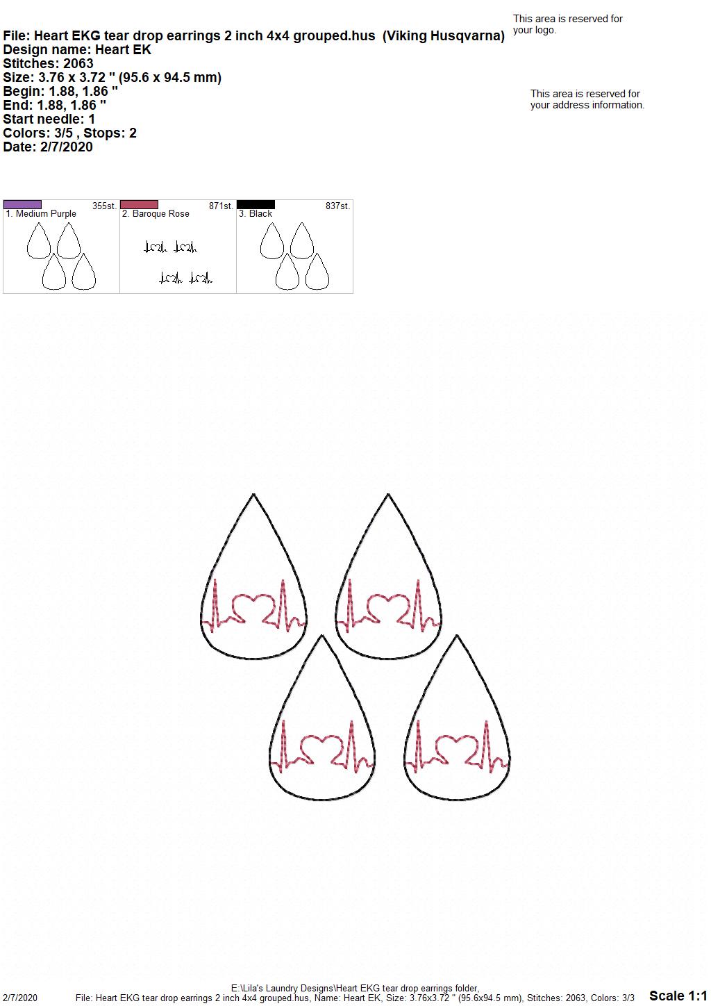 Heart EKG Tear Drop Earrings - 3 sizes - Digital Embroidery Design