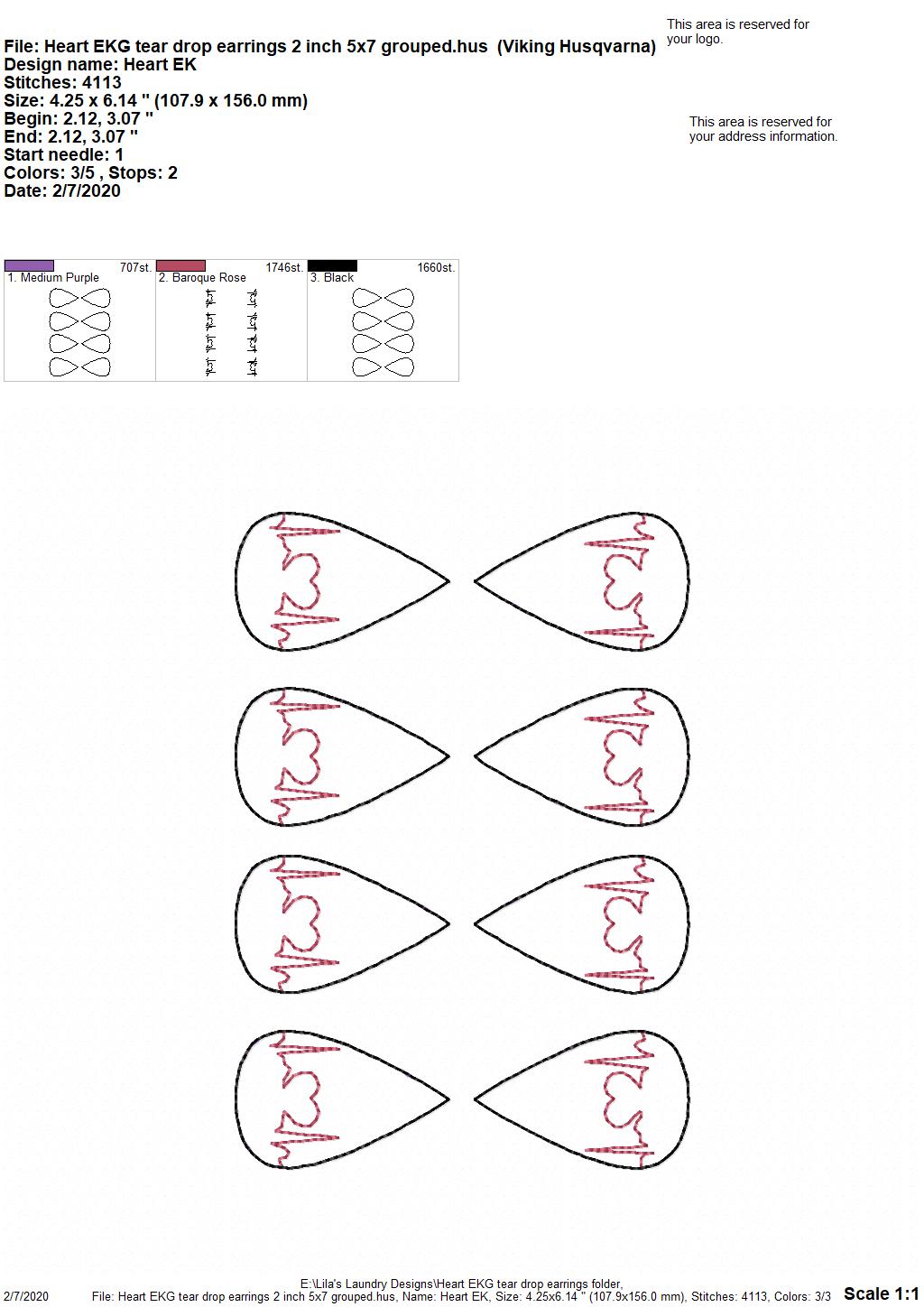 Heart EKG Tear Drop Earrings - 3 sizes - Digital Embroidery Design