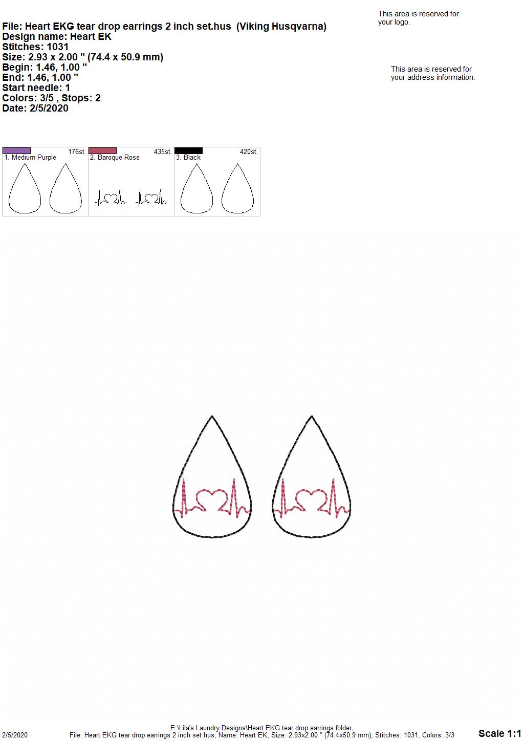Heart EKG Tear Drop Earrings - 3 sizes - Digital Embroidery Design