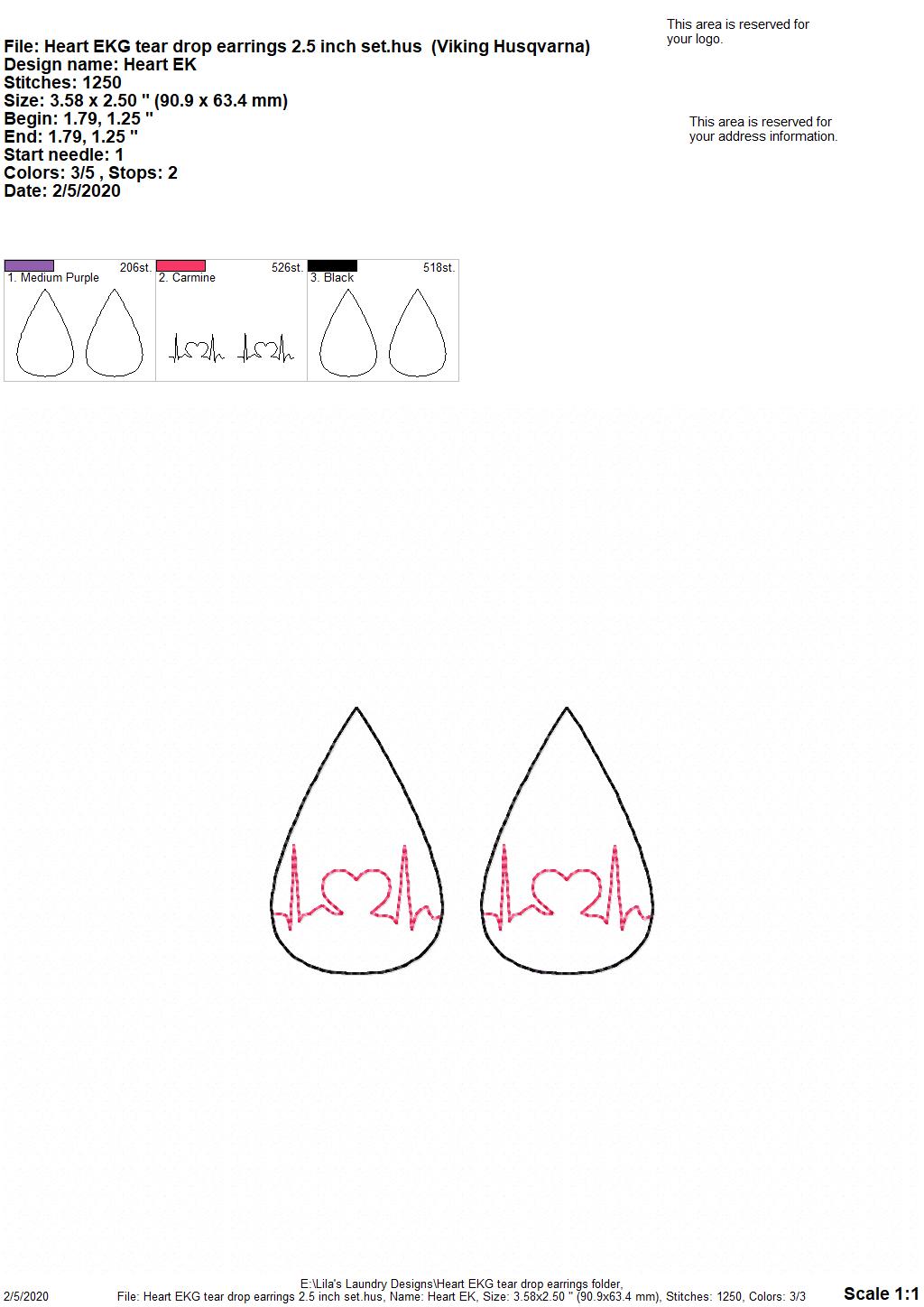 Heart EKG Tear Drop Earrings - 3 sizes - Digital Embroidery Design
