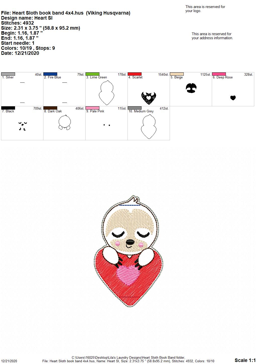 Heart Sloth - Book Band - Embroidery Design, Digital File
