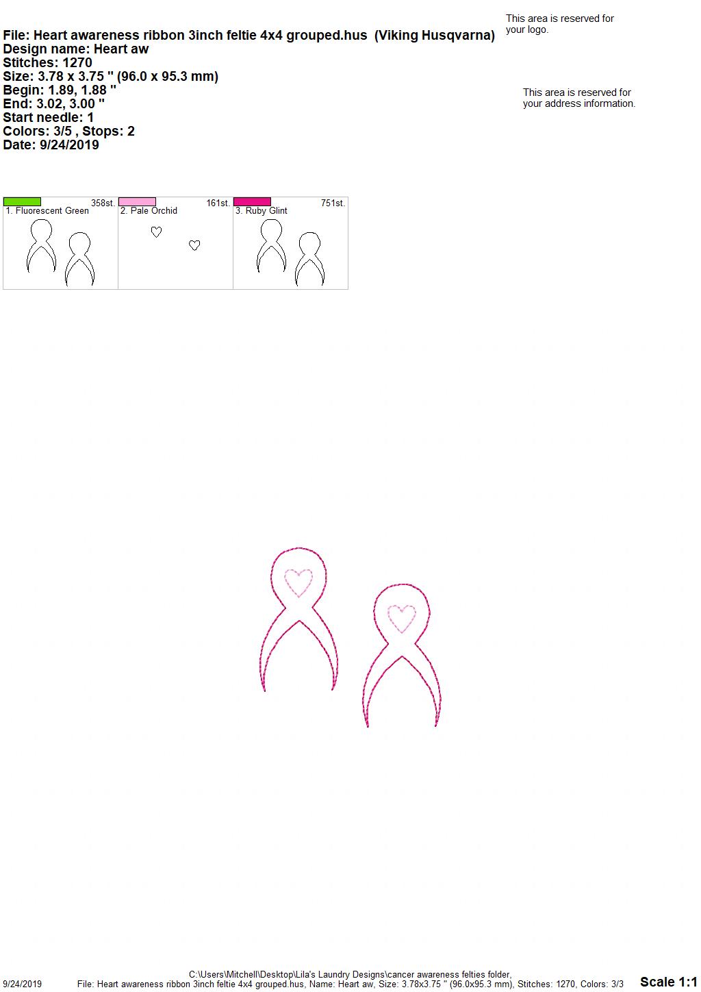 Heart awareness ribbon Felties - 3 sizes- Digital Embroidery Design