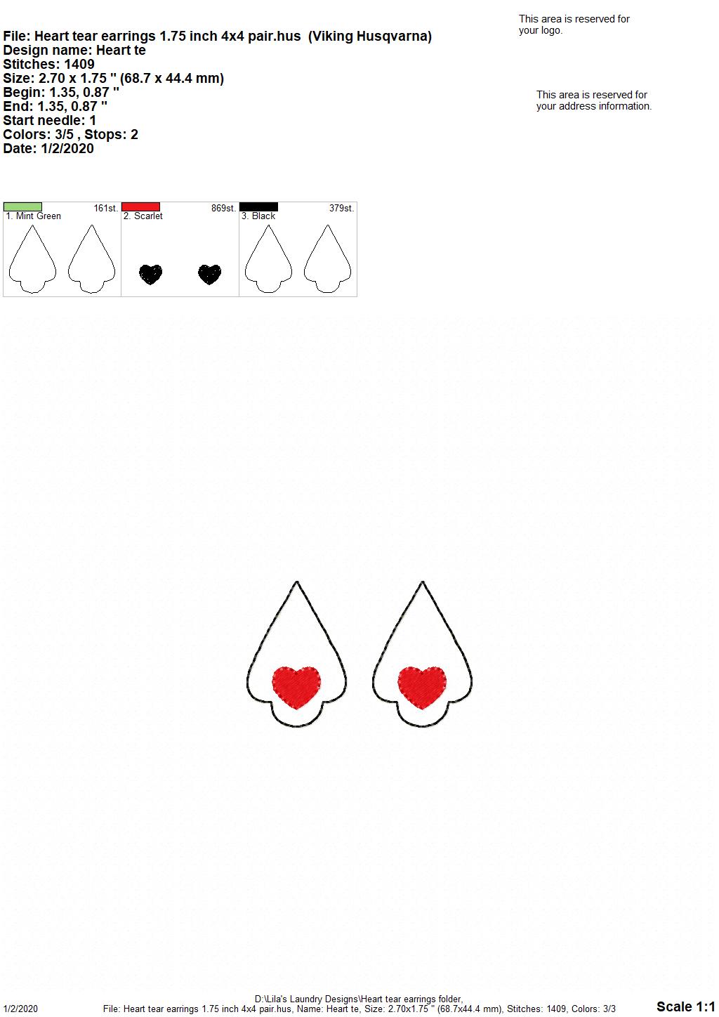 Heart Tear Drop Earrings - 3 sizes - Digital Embroidery Design