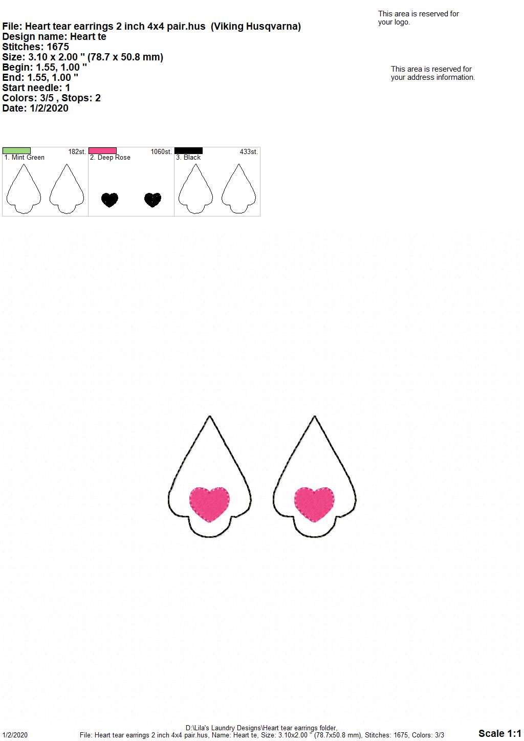 Heart Tear Drop Earrings - 3 sizes - Digital Embroidery Design