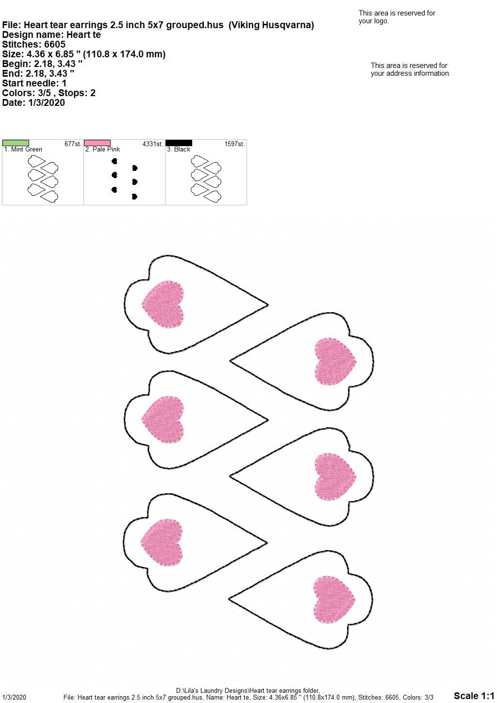 Heart Tear Drop Earrings - 3 sizes - Digital Embroidery Design