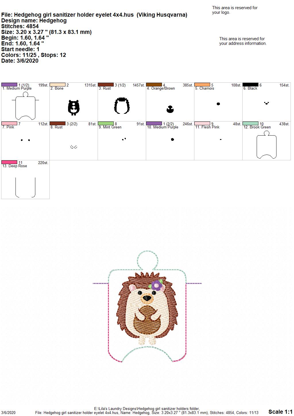 Hedgehog Girl Sanitizer Holders - DIGITAL Embroidery DESIGN
