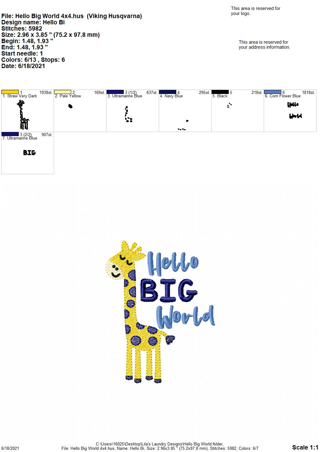 Hello Big World - 3 sizes- Digital Embroidery Design