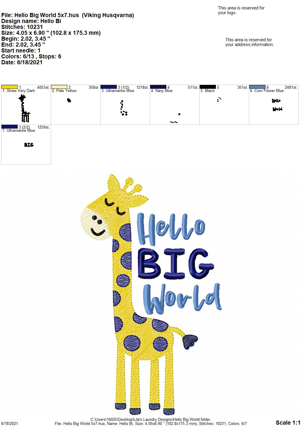 Hello Big World - 3 sizes- Digital Embroidery Design