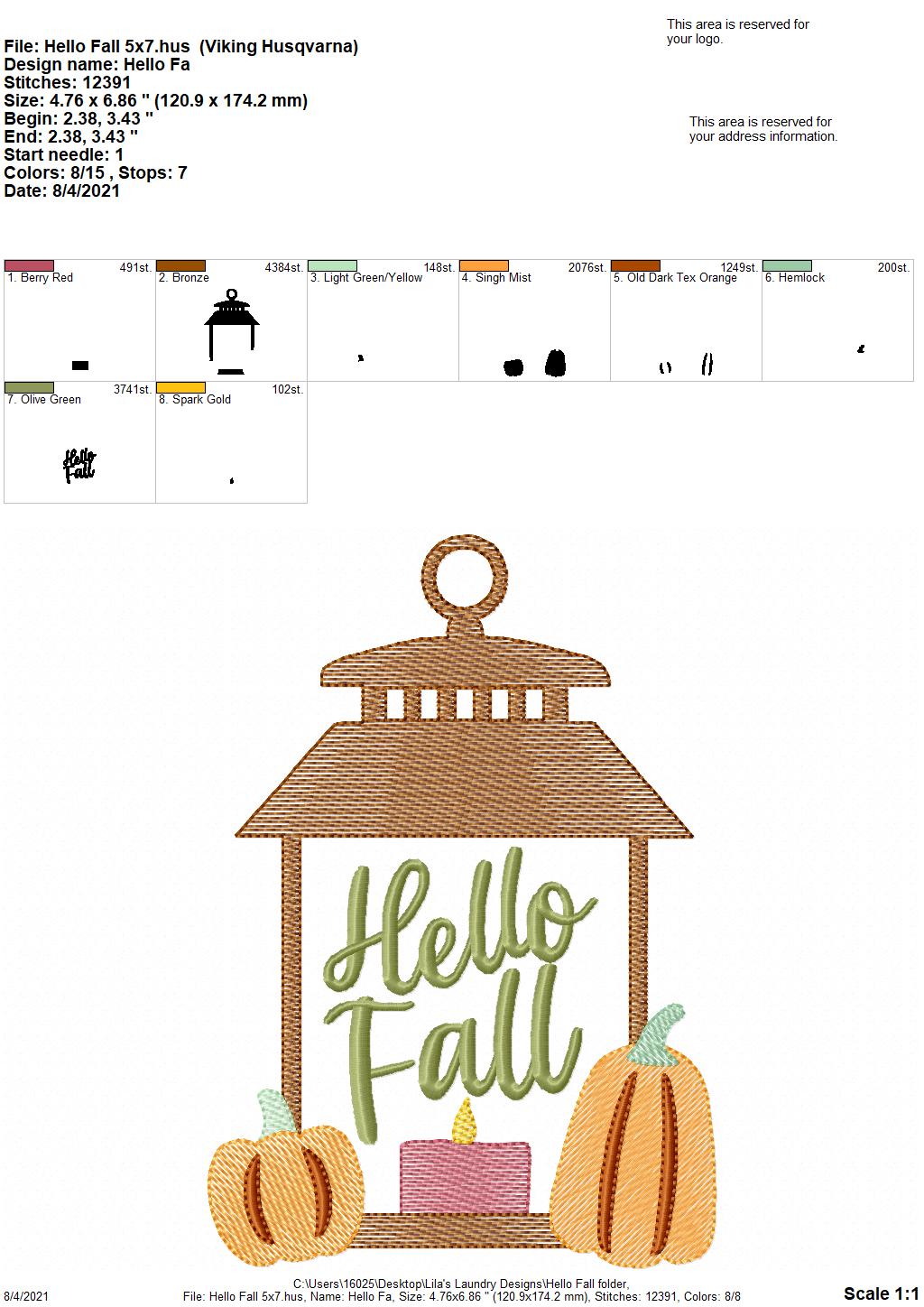 Hello Fall - 3 sizes- Digital Embroidery Design