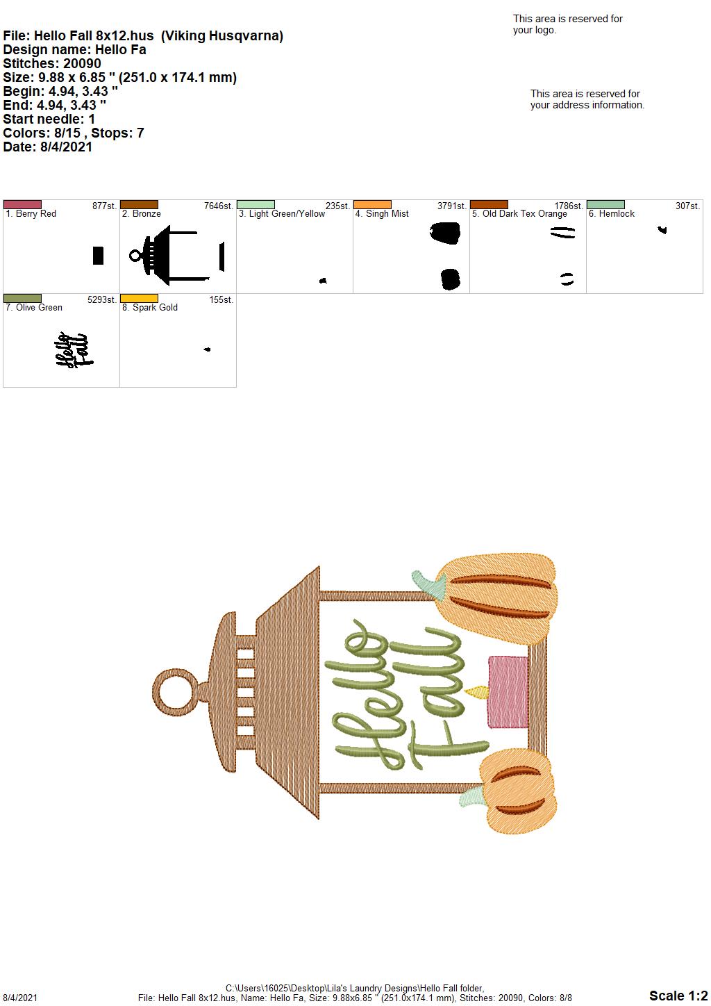 Hello Fall - 3 sizes- Digital Embroidery Design