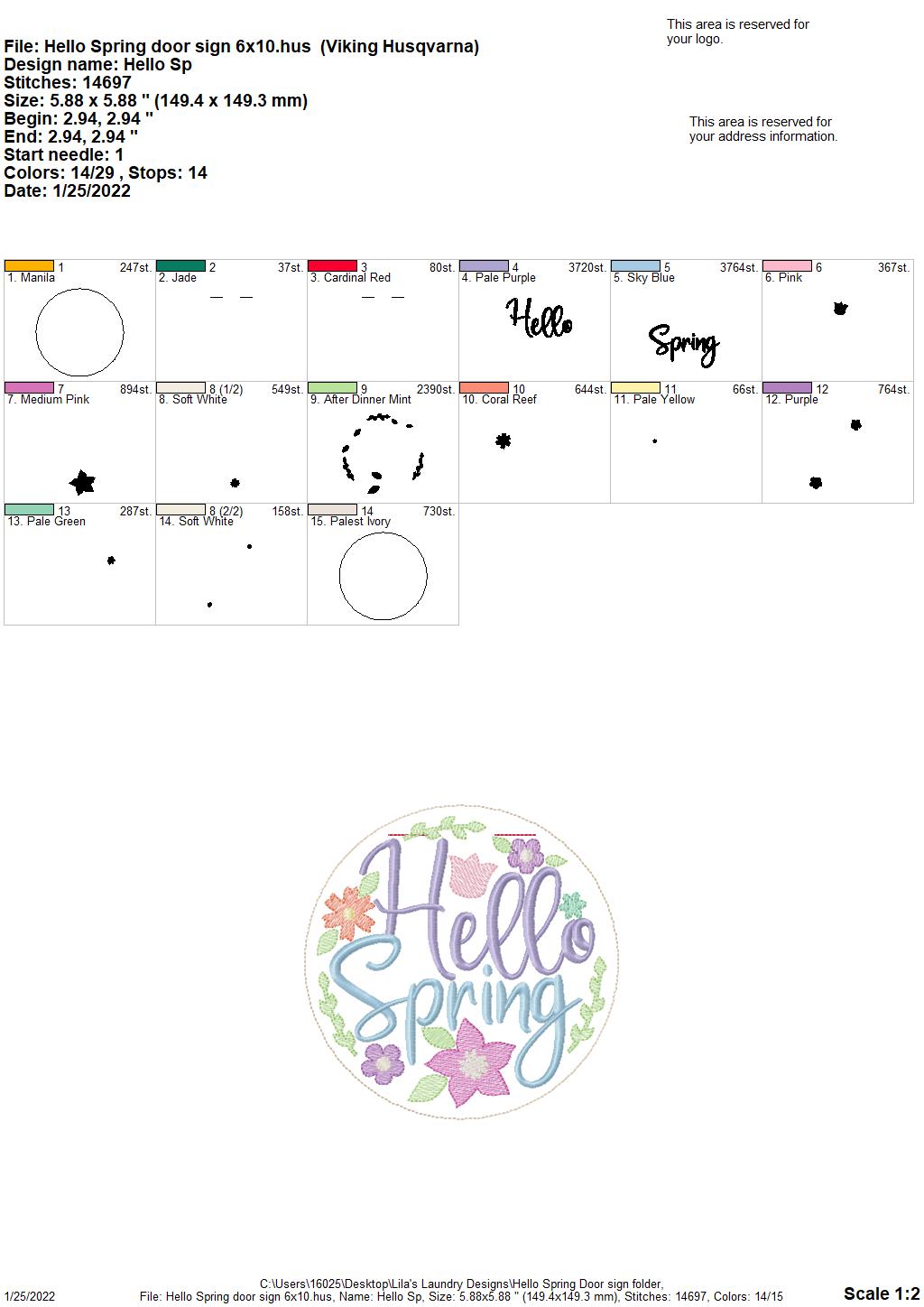 Hello Spring Door Sign - 3 sizes - Digital Embroidery Design