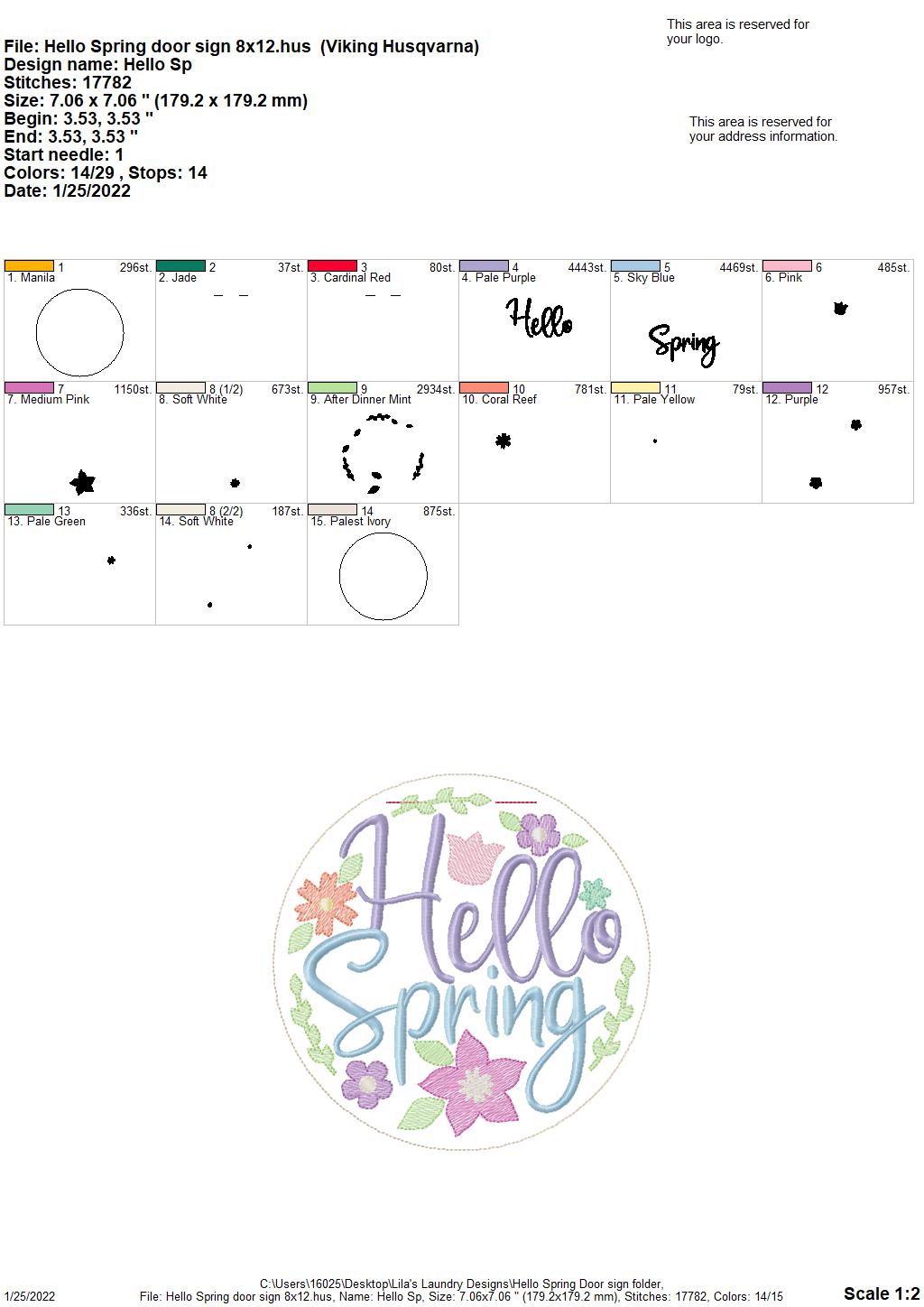 Hello Spring Door Sign - 3 sizes - Digital Embroidery Design