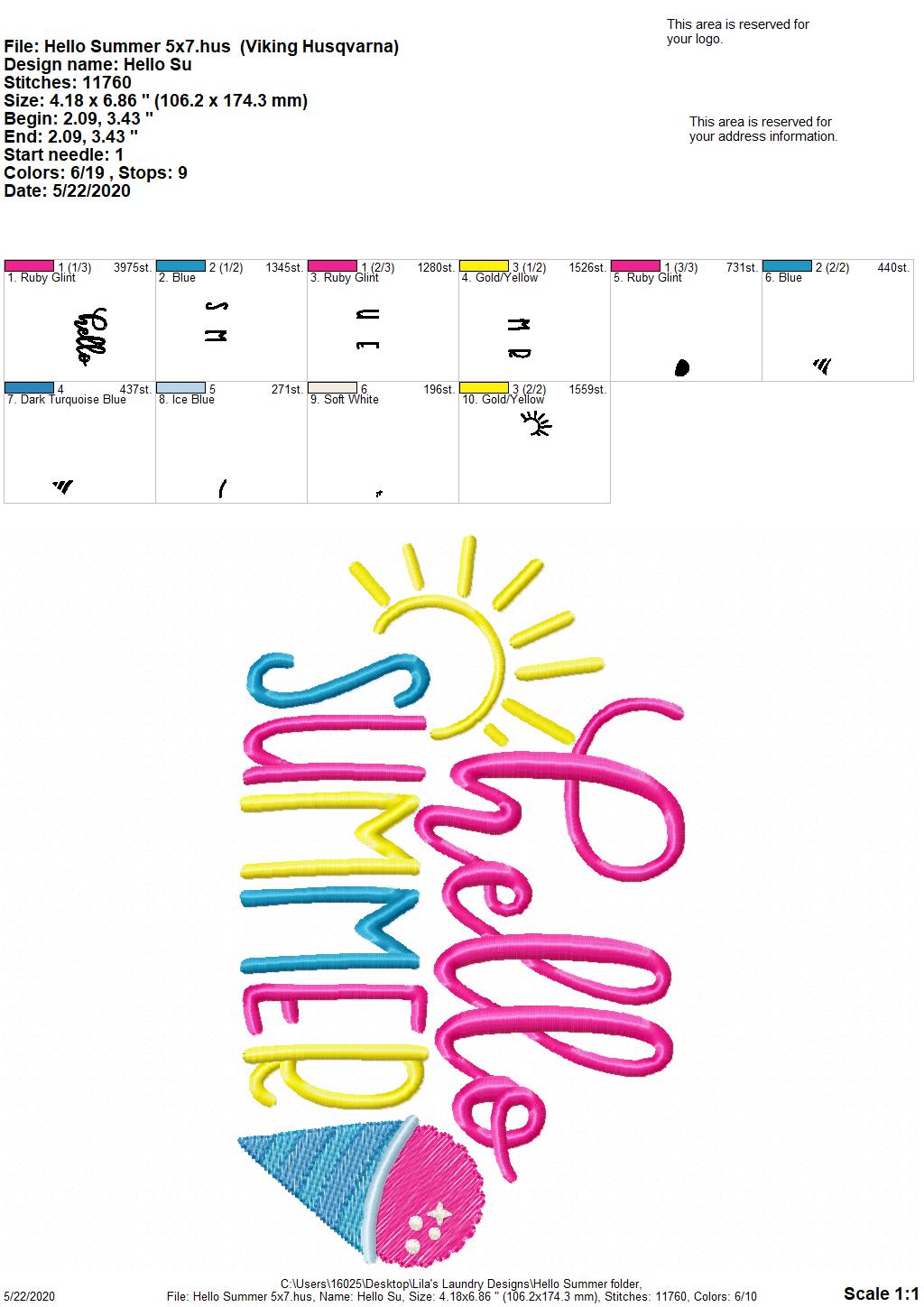 Hello Summer - 3 Sizes - Digital Embroidery Design