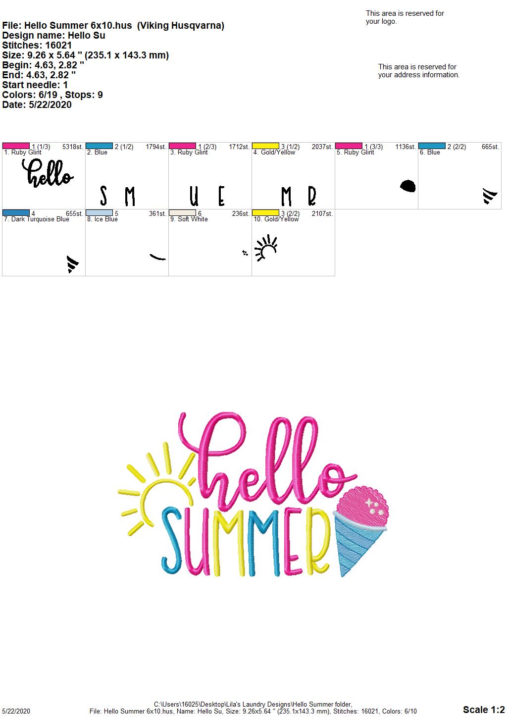 Hello Summer - 3 Sizes - Digital Embroidery Design