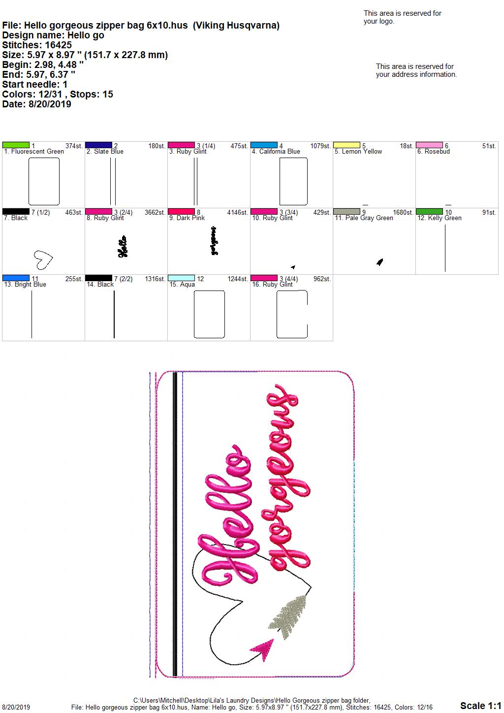 Hello Gorgeous Zipper Bag - 2 sizes - Digital Embroidery Design