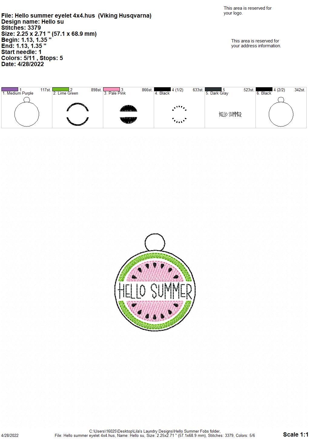 Hello Summer Fobs - DIGITAL Embroidery DESIGN