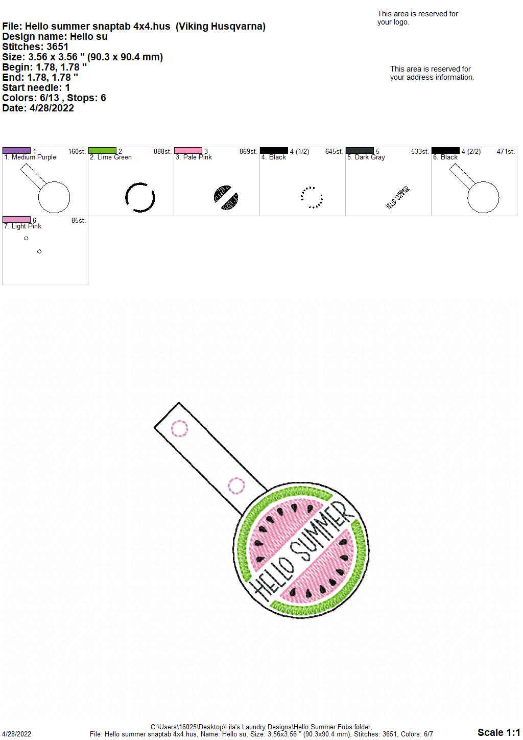Hello Summer Fobs - DIGITAL Embroidery DESIGN