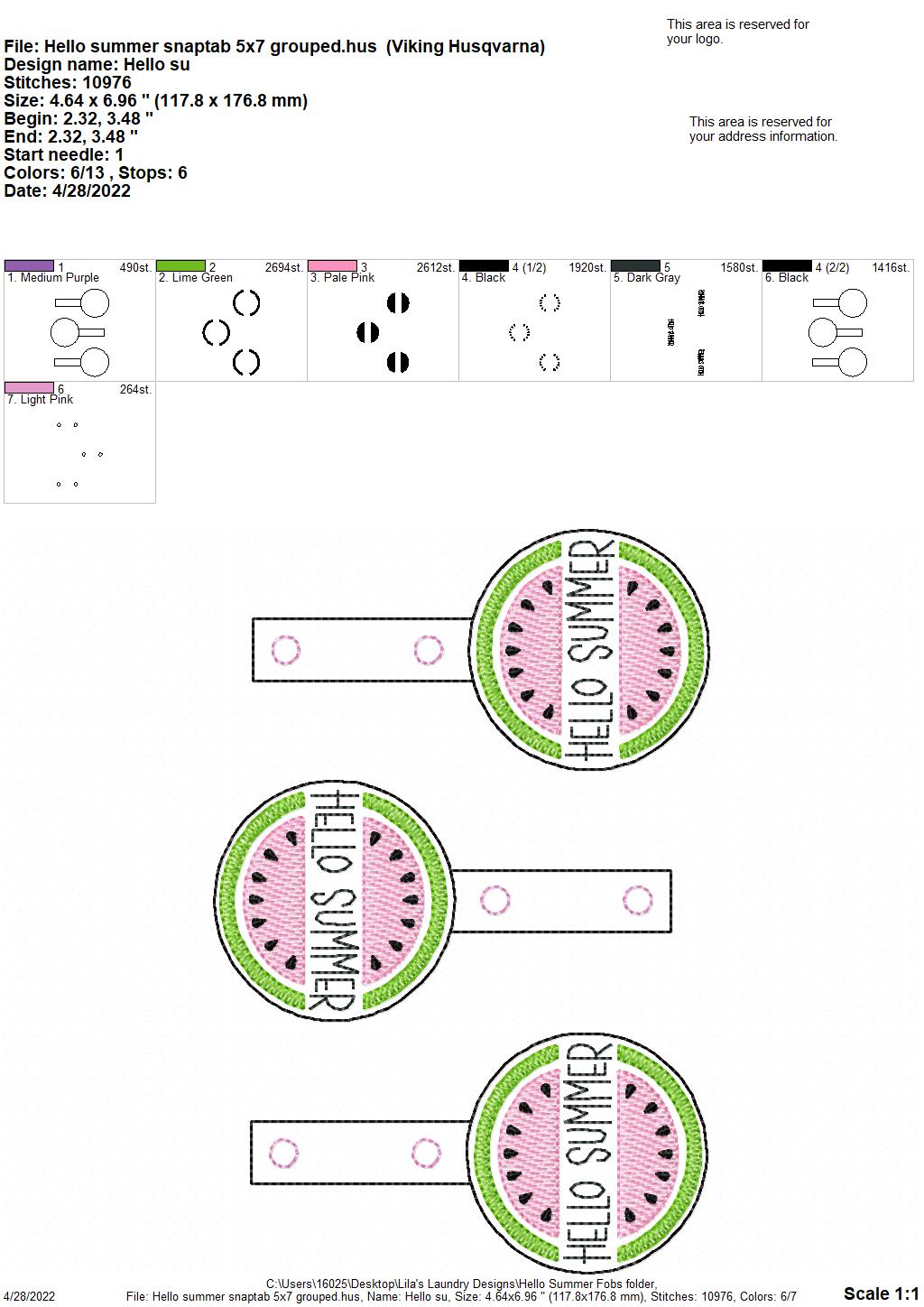 Hello Summer Fobs - DIGITAL Embroidery DESIGN