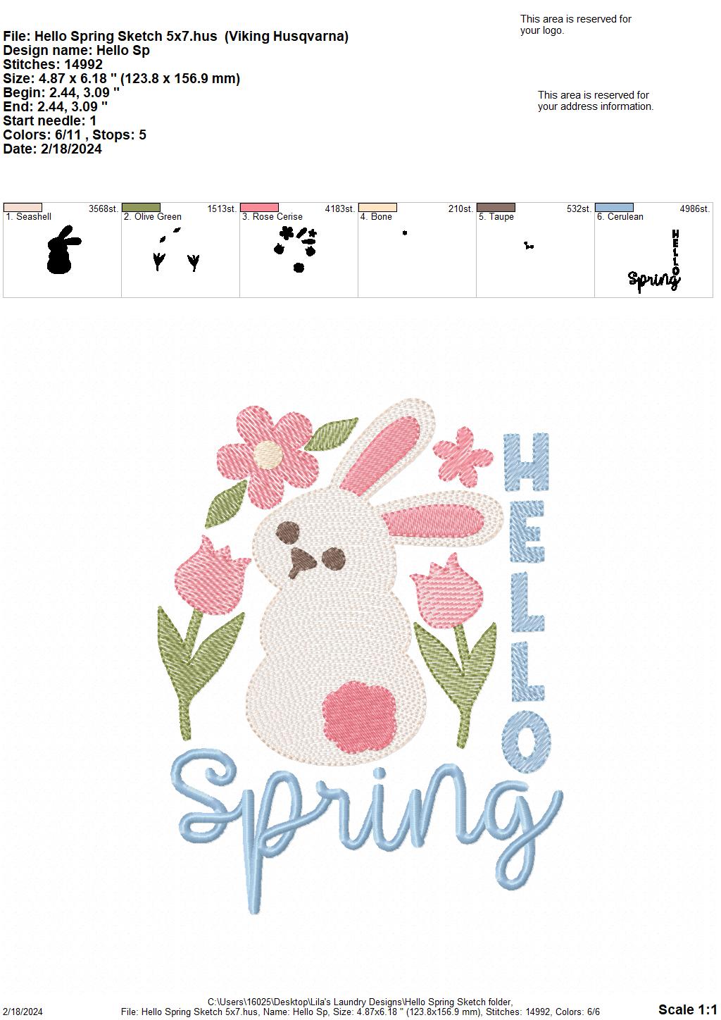 Hello Spring Sketch - 4 Sizes - Digital Embroidery Design