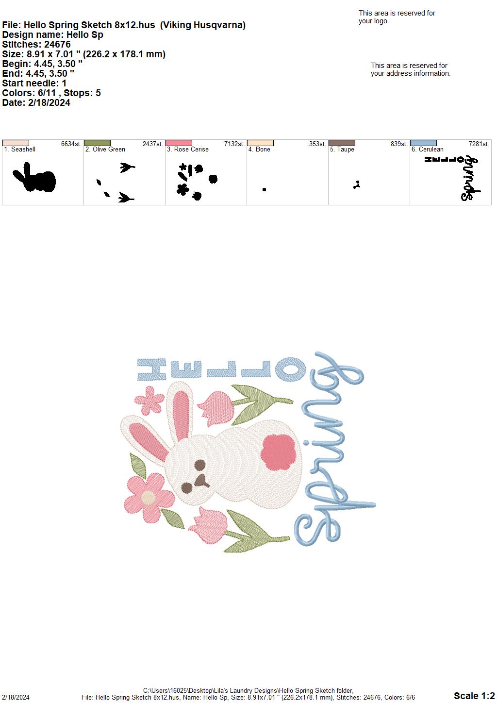 Hello Spring Sketch - 4 Sizes - Digital Embroidery Design