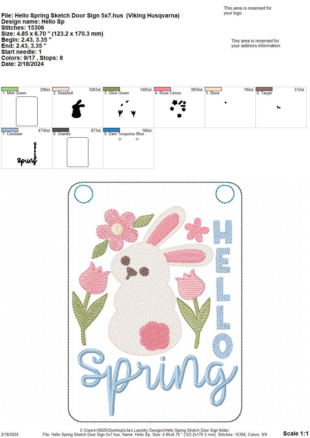 Hello Spring Sketch Door Sign - 3 Sizes - Digital Embroidery Design