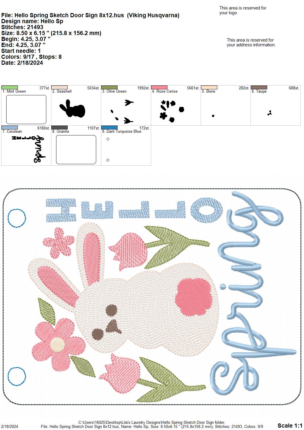 Hello Spring Sketch Door Sign - 3 Sizes - Digital Embroidery Design