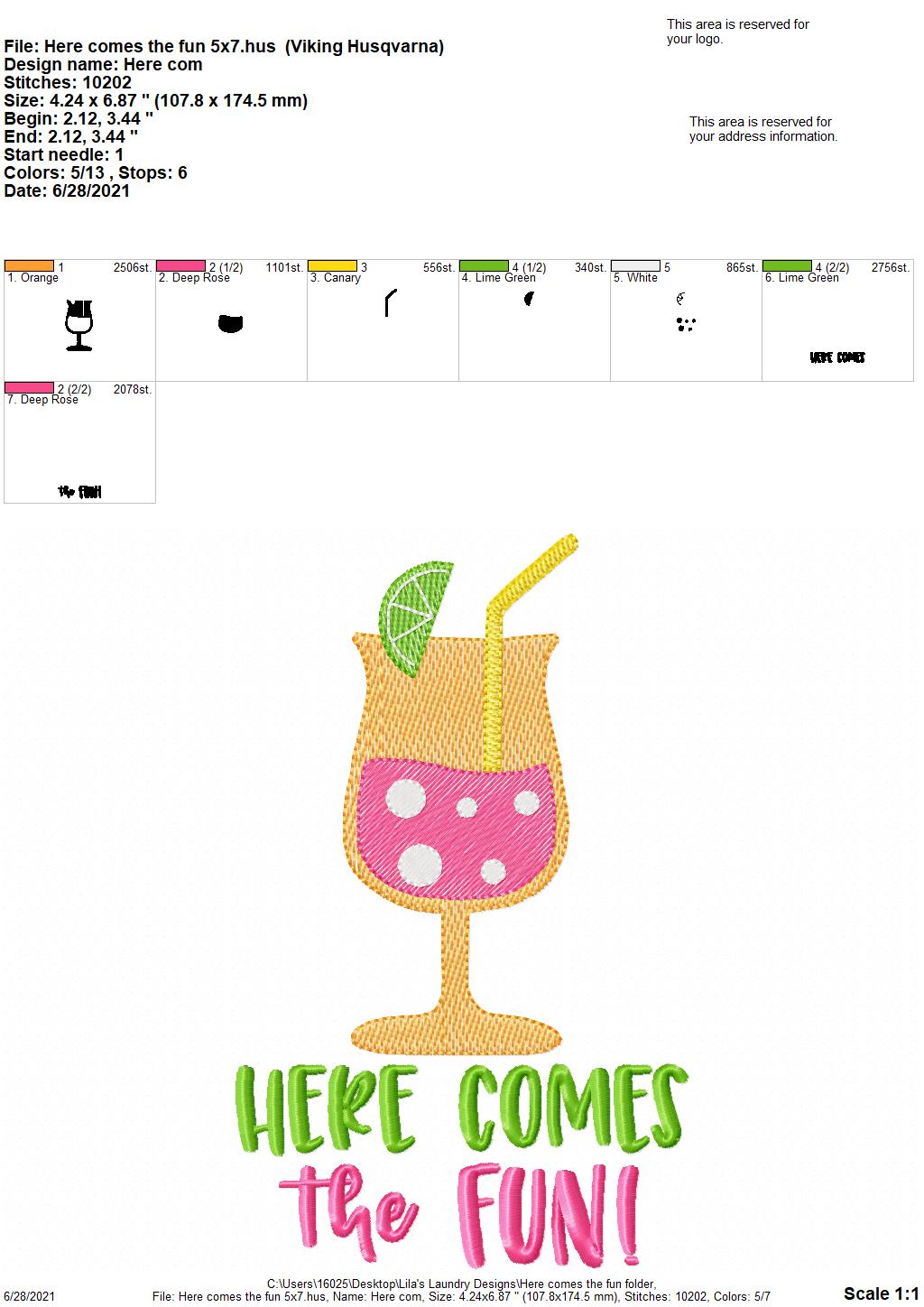 Here Comes the Fun - 4 sizes- Digital Embroidery Design